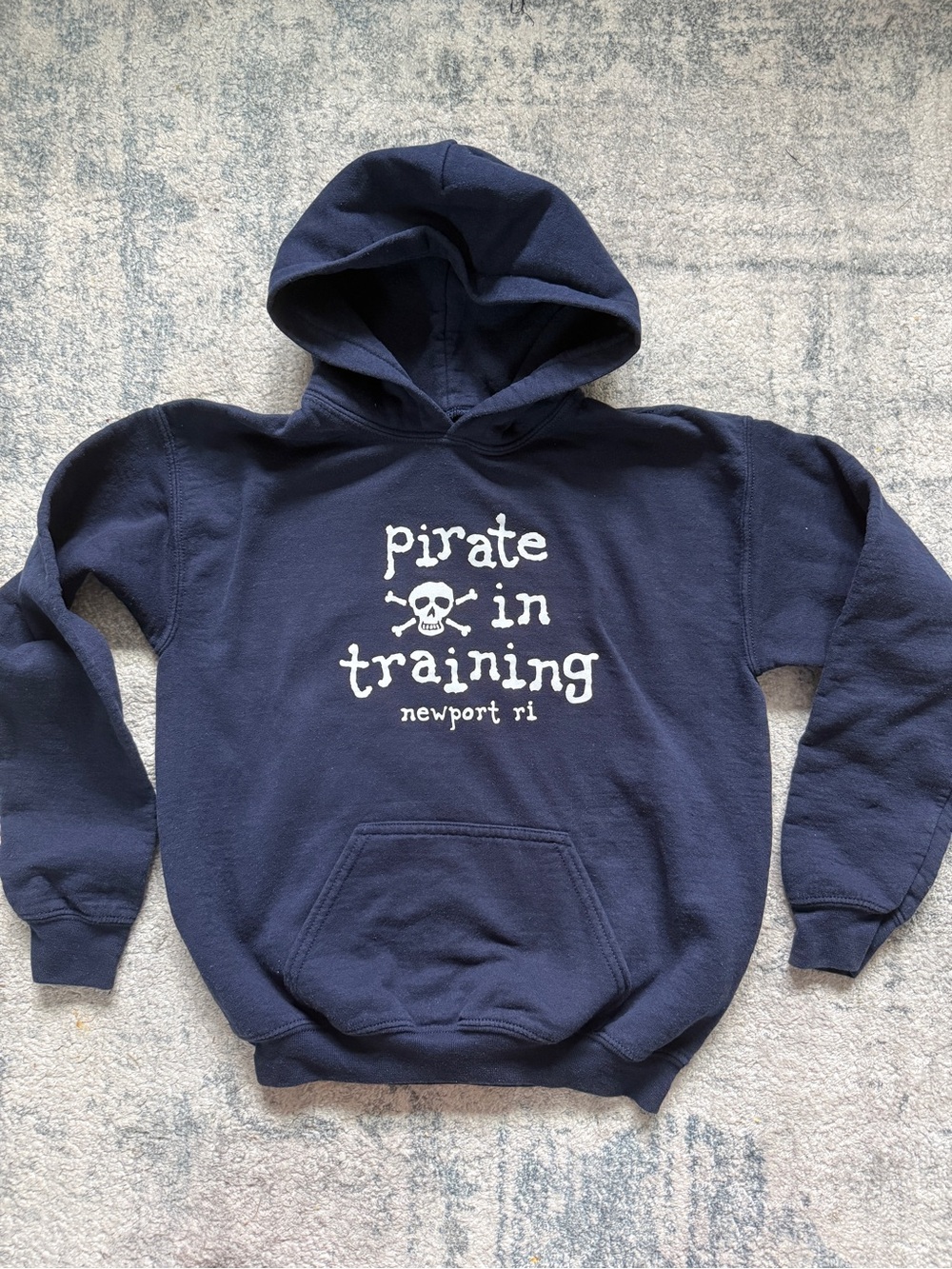 Gildan Navy unisex Kids Hoodie with White "Pirate in Training" Graphic